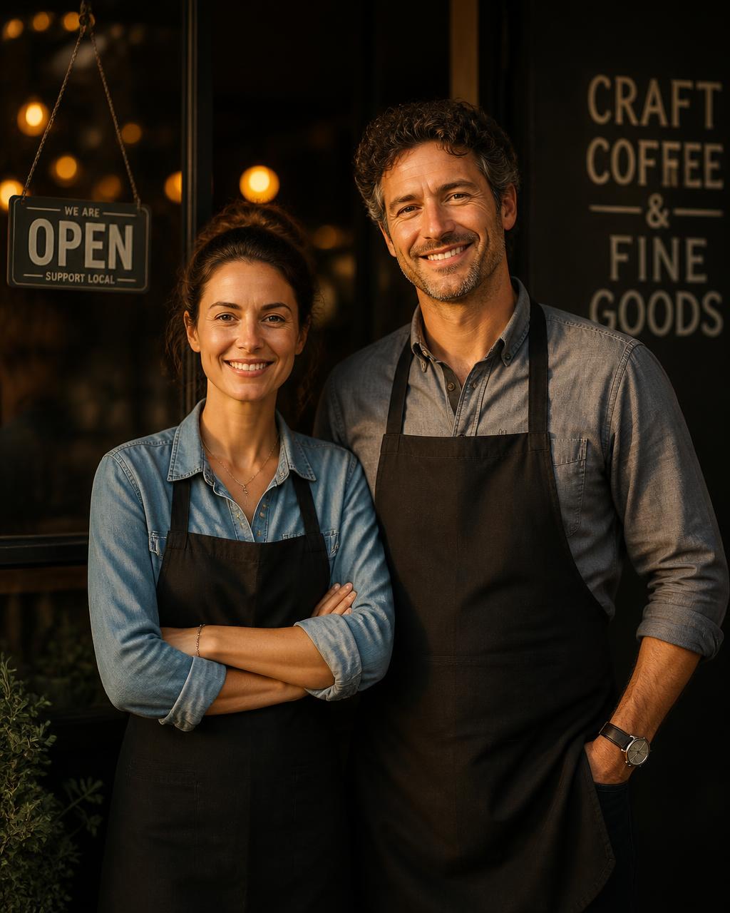 Local business owners standing in front of their shop